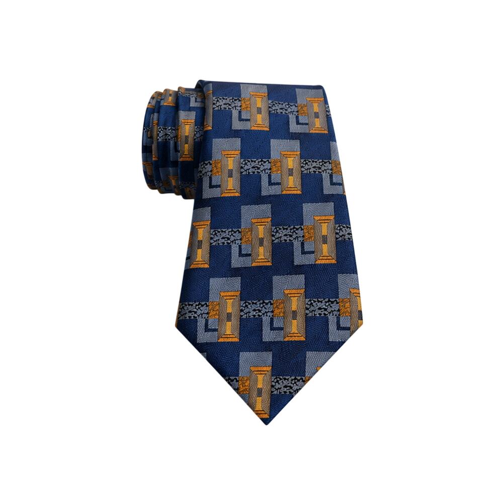 Oleg Cassini Silk Tie Blue Gold Geometric Abstract Designer Necktie Made in Chin